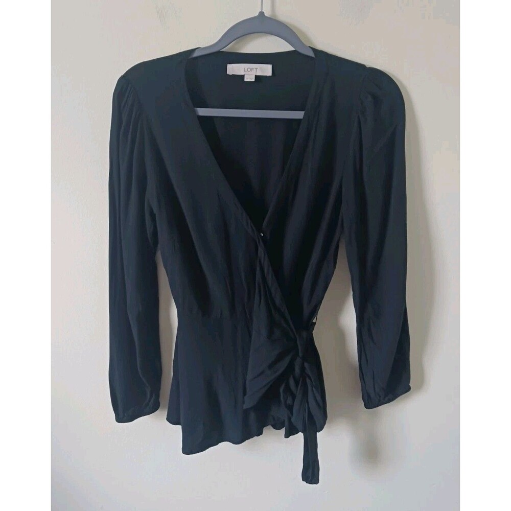 LOFT Wrap Blouse Black Tie Waist V Neck Long Sleeve Women XS